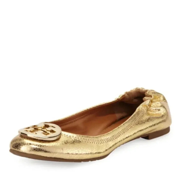 Tory Burch Reva Metallic Crackled Ballerina Gold Flat Size 4.5 - Picture 1 of 8